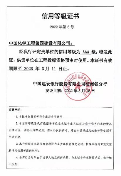 公司榮獲中國建設(shè)銀行股份有限公司湖南省分行AAA級(jí)信用等級(jí)證書